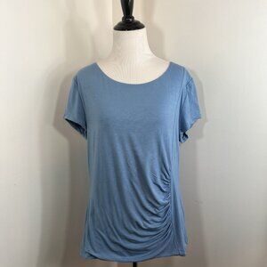 Per Se Women's Blue Top Draped Side Ruching Soft Stretchy Comfy Size L